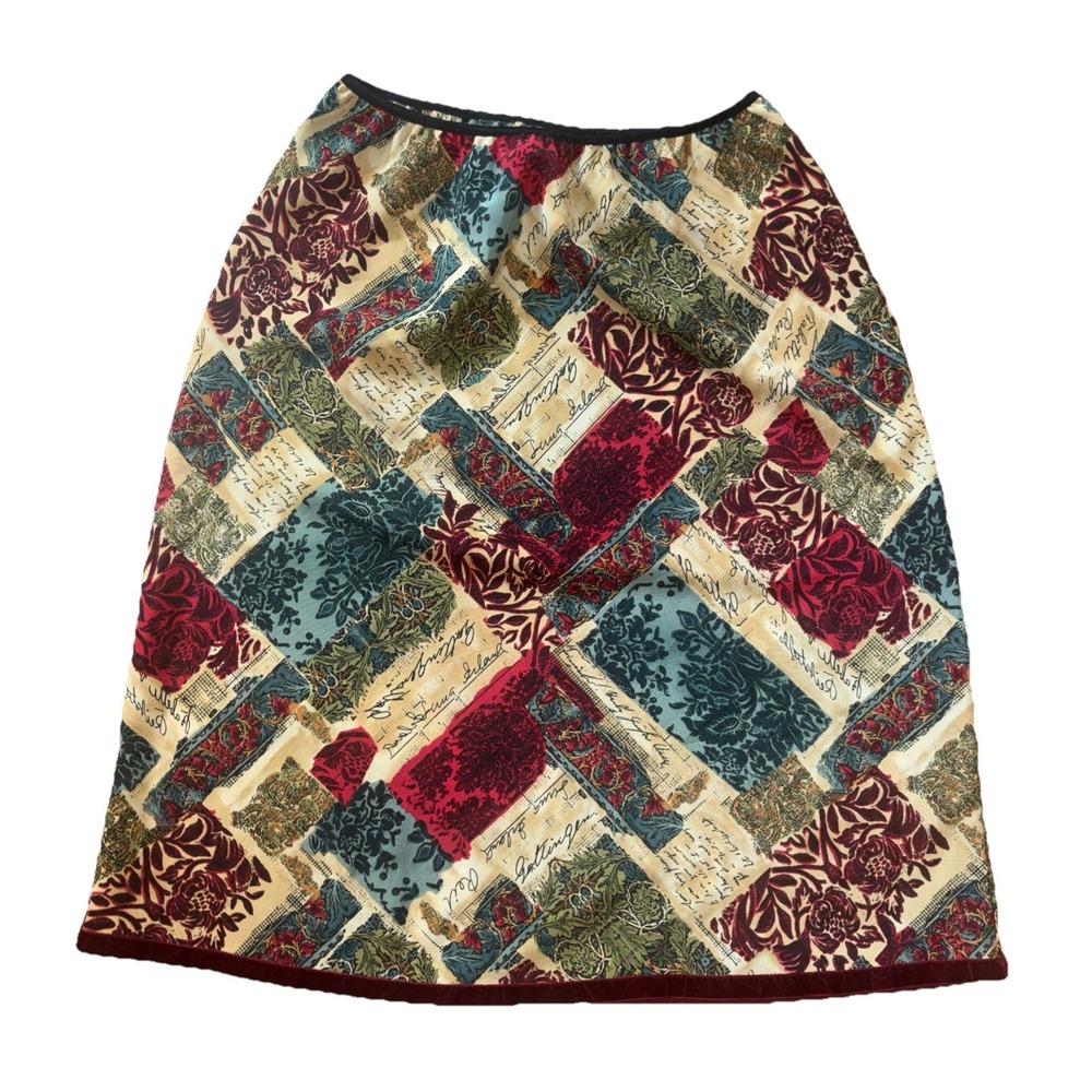 Mixit Women Petite Medium Patchwork Floral Script Midi Skirt Velvet Trim A-Line